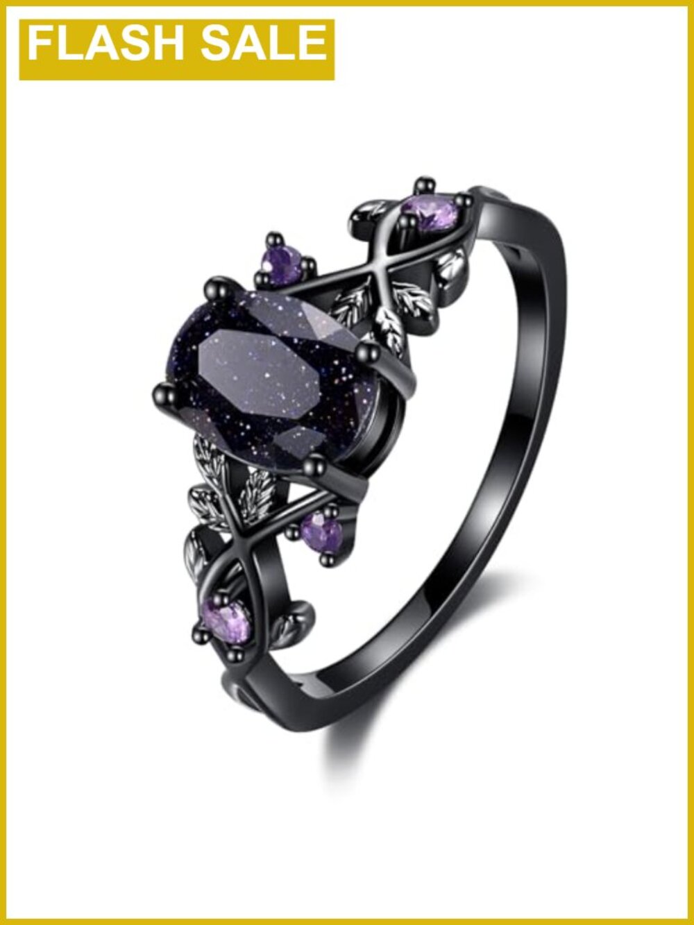 Blue Sandstone Gothic Leaf Ring - 18K Black Gold Plated Vine Promise Ring